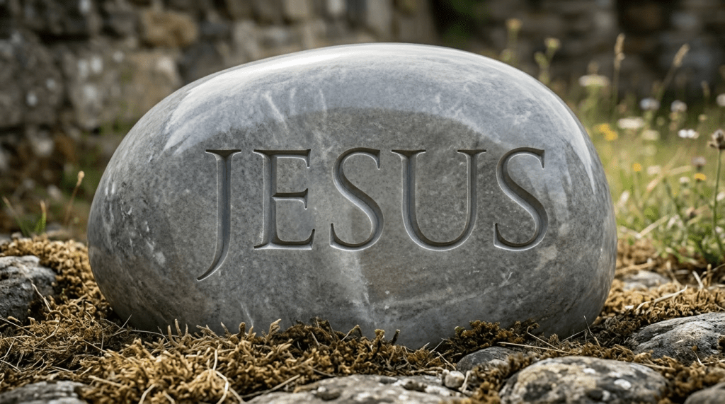 Stone with the word JESUS engraved on it