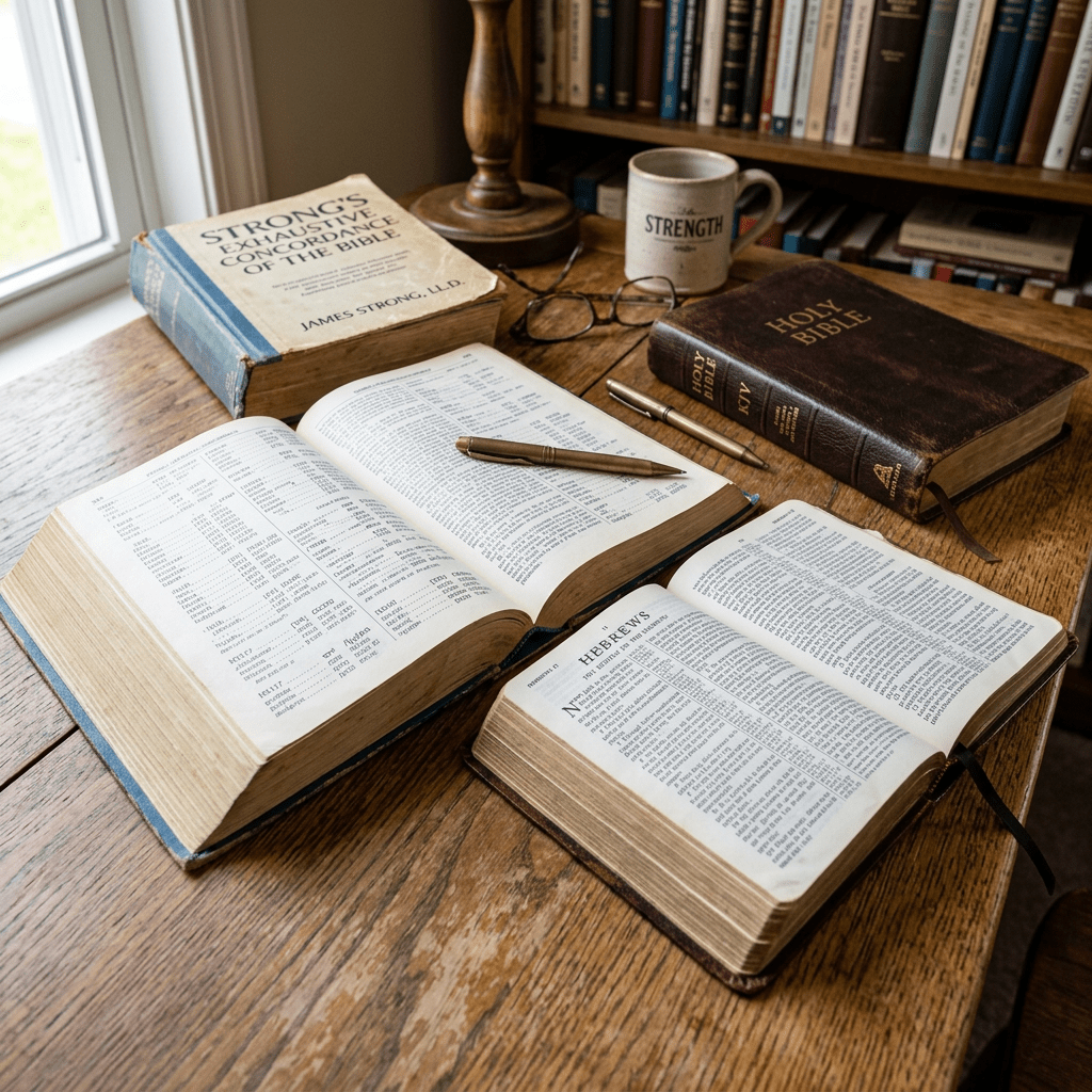 Open Holy Bible, Strong's Exhaustive Concordance, pens, glasses, and coffee mug on a wooden table