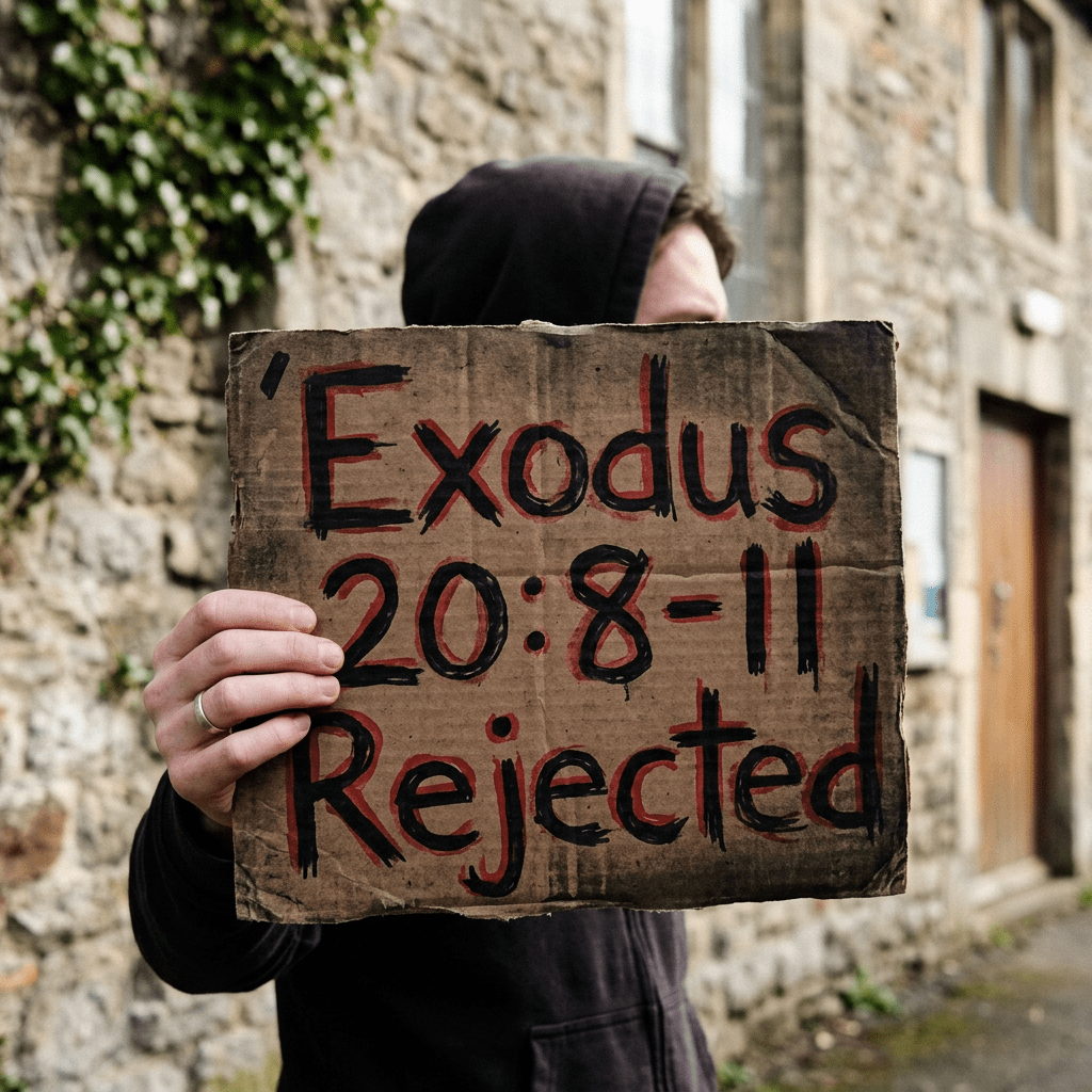 Add 'Exodus 20:8-11 Rejected' text overlay