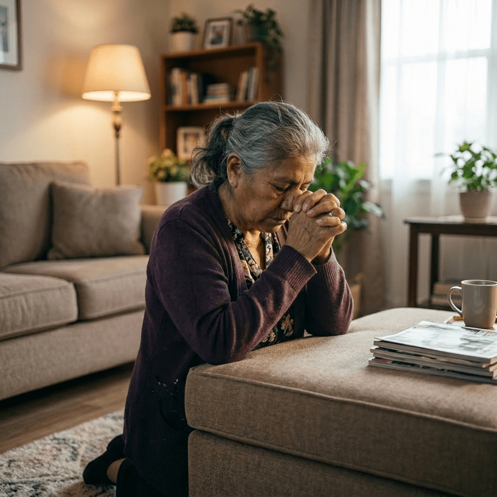 Elderly woman praying with hands clasped and holding a rosary in church pew