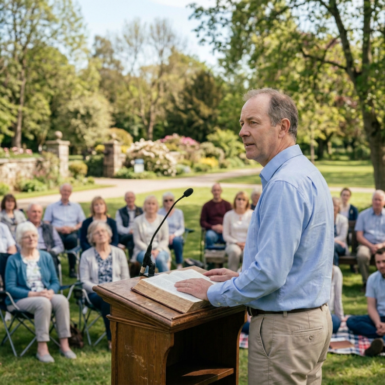 Speaker addressing a congregation from a church lectern