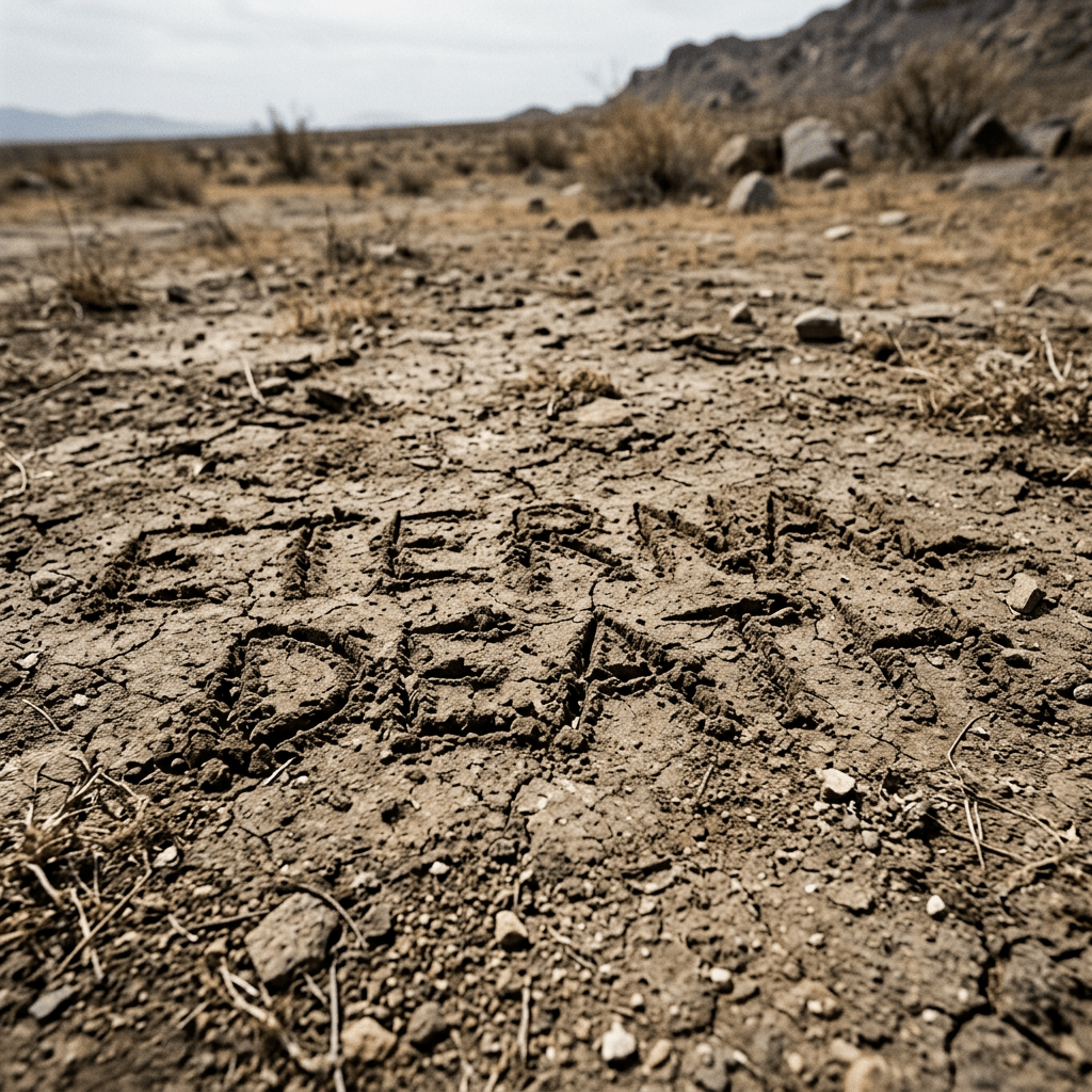 Cracked, parched soil across a dry desert landscape with rocky hills